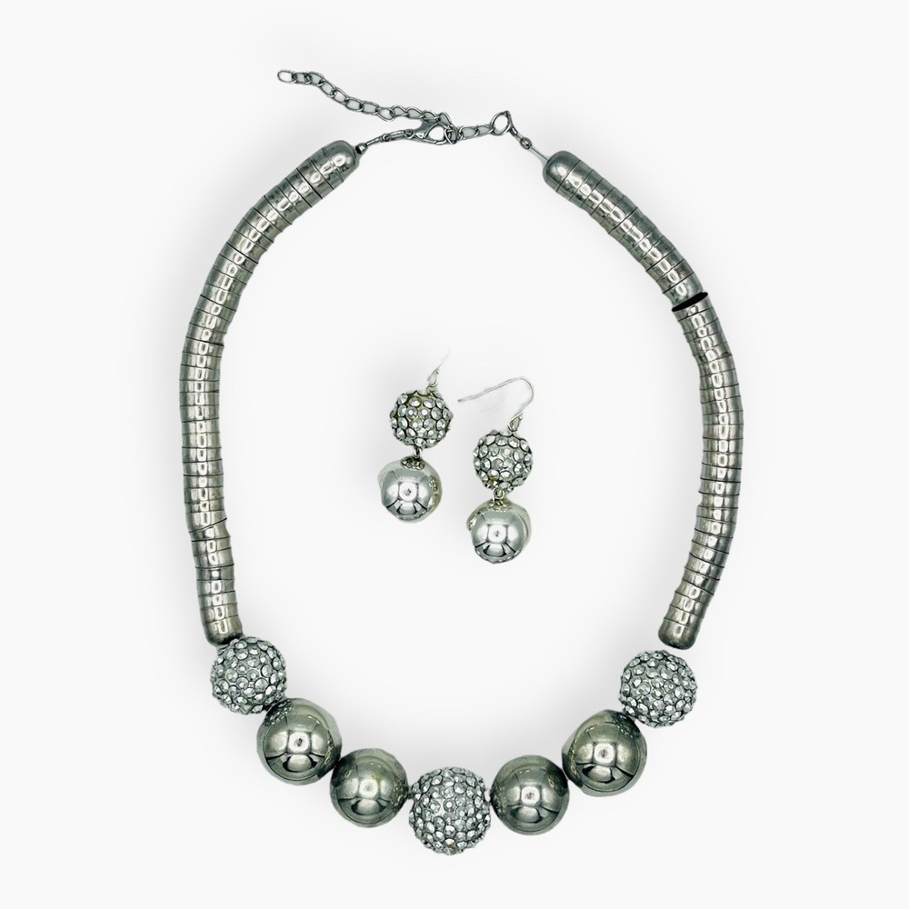 80s Silver‎ Necklace Ball Beads Reticulated Coil Snake Pave Rhinestones Earrings